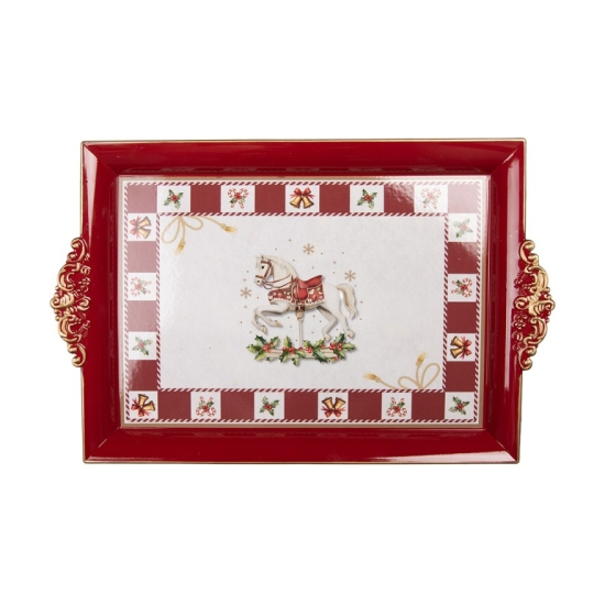 Karácsonyi piros műanyagtálca 41×26×3 cm, hintalovas