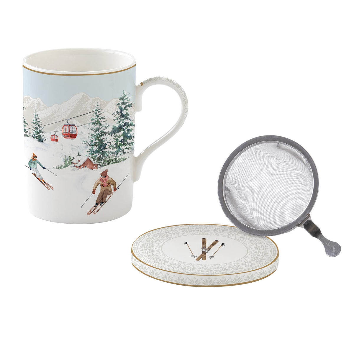 Porcelán karácsonyi bögre fém szűrővel díszdobozban síelés motívummal