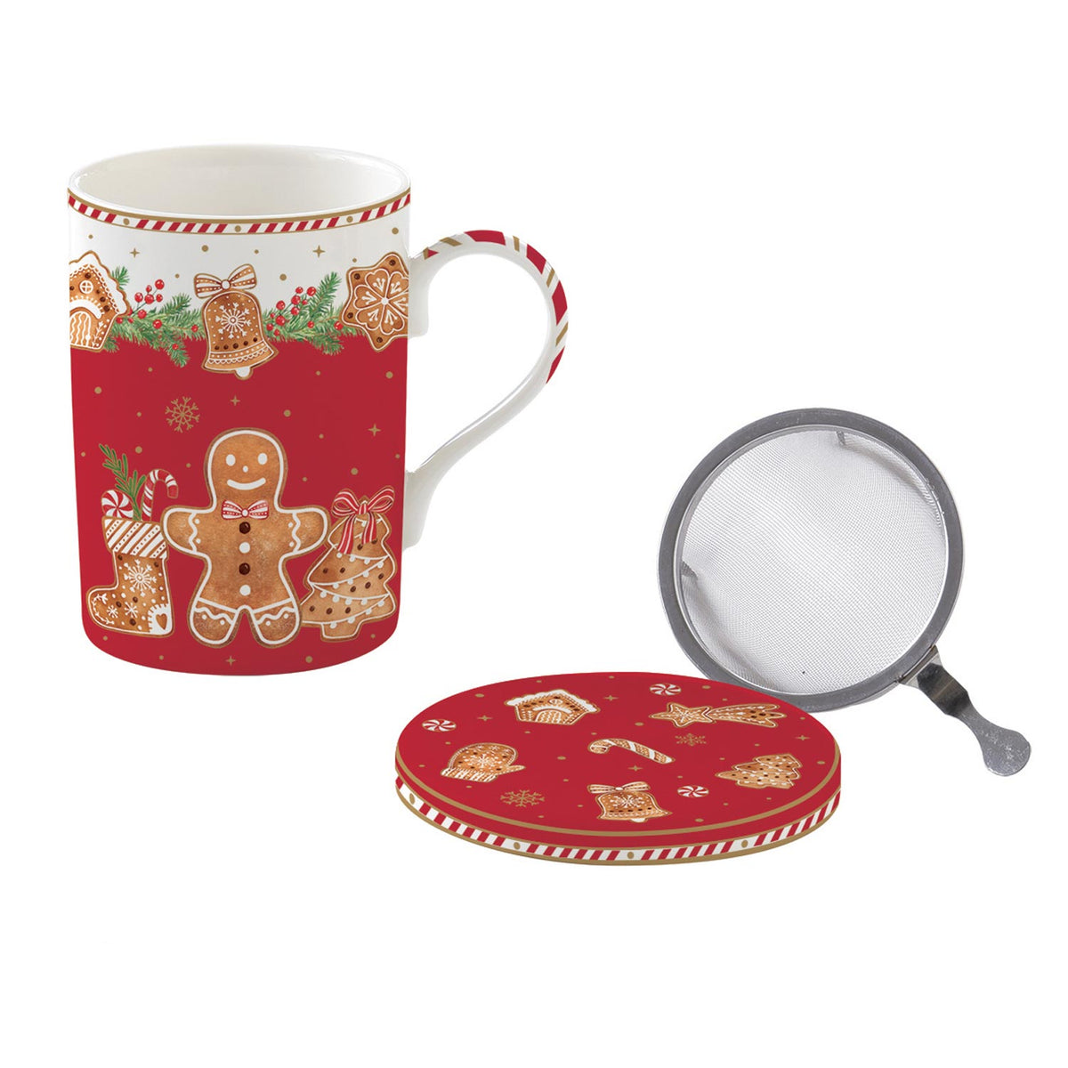 Karácsonyi mézeskalács figurás porcelán bögre fém szűrővel