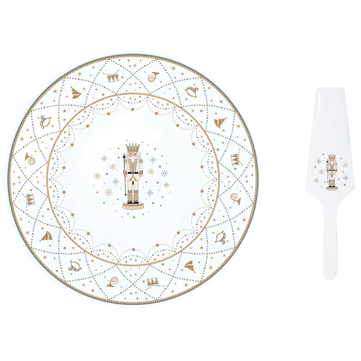 Porcelán diótörős karácsonyi tortatál lapáttal Royal Nutcracker