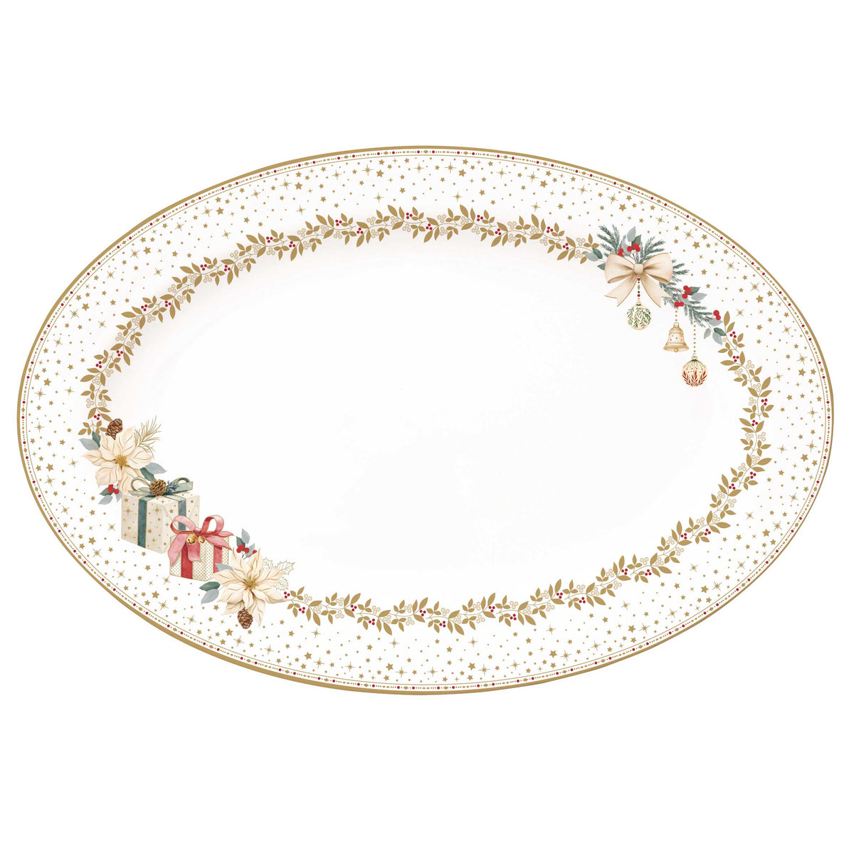 Karácsonyi porcelán ovális tálca 35x23,5 cm díszdobozban White Elegance