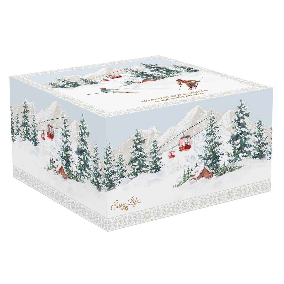 Porcelán karácsonyi nagy csésze 400 ml díszdobozban síelés motívummal