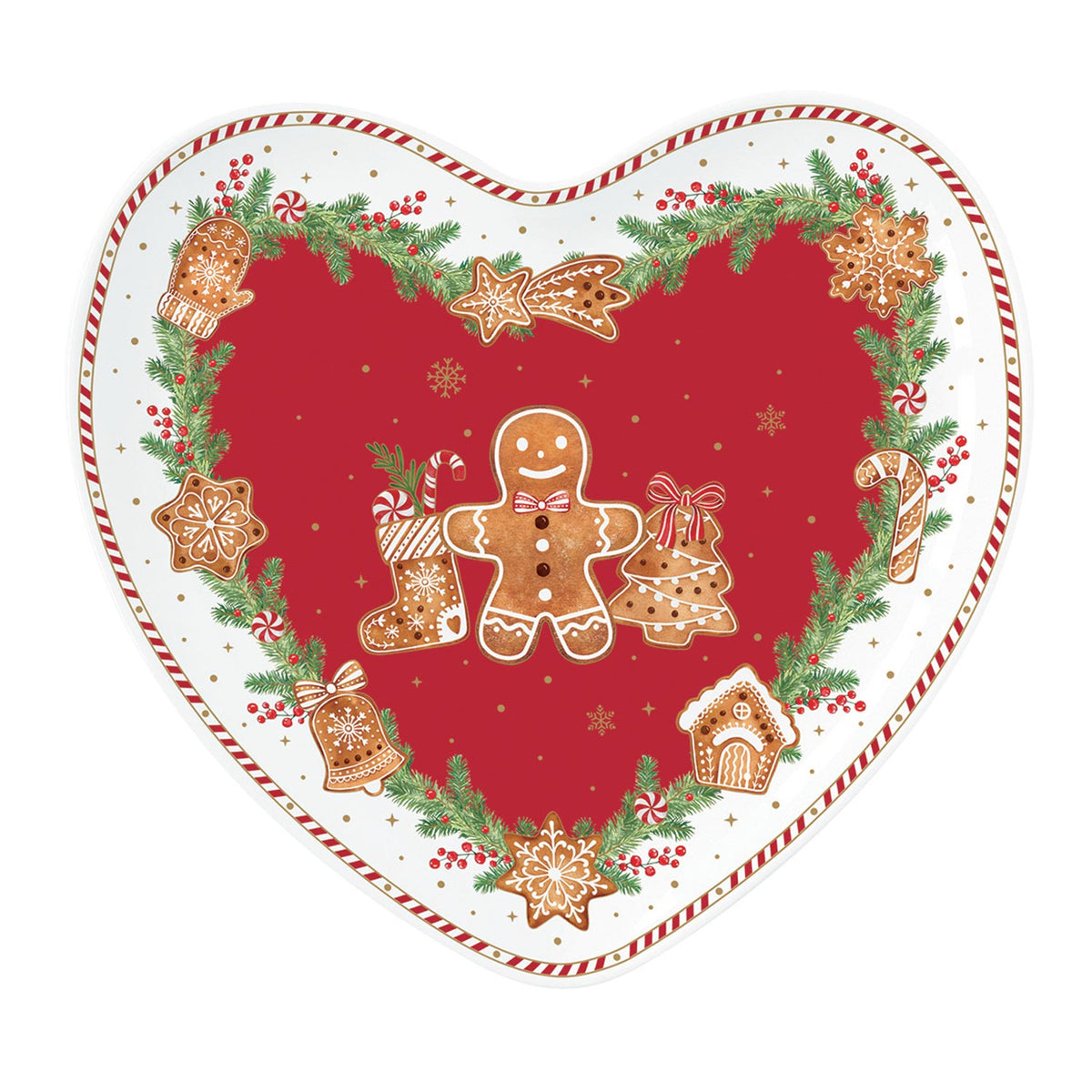 Karácsonyi mézeskalács figurás porcelán szív alakú tálca