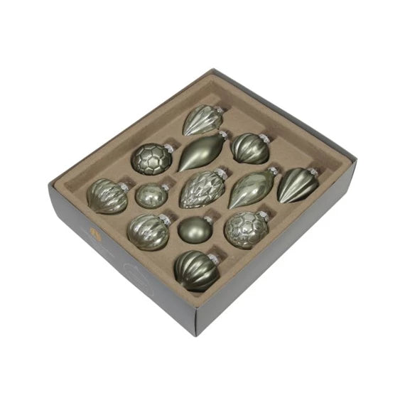 Karácsonyfagömb válogatás, csepp alakú, dombor mintás 3/4/5/7 cm (13 db-os szett) – gránitzöld, üveg