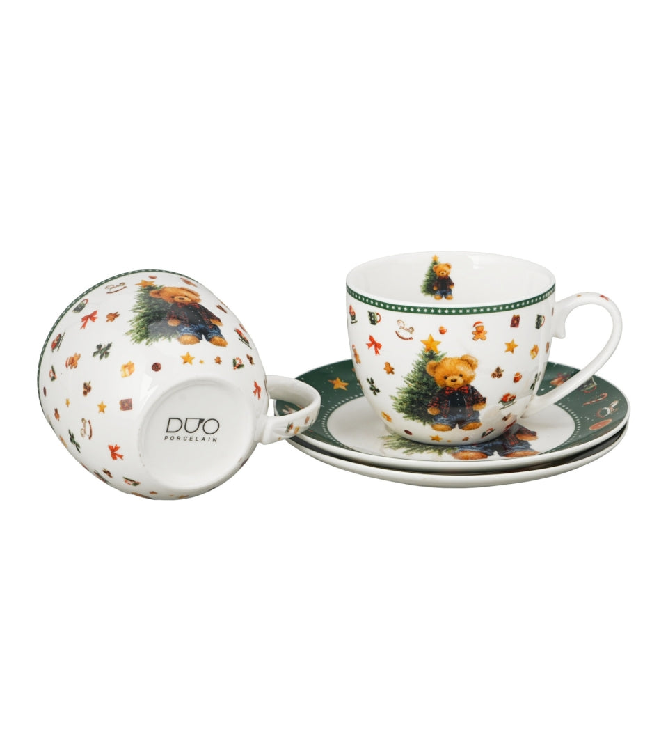 Karácsonyi macis porcelán csésze aljjal, 2 személyes szett 270 ml – Teddy Noel (díszdobozban)