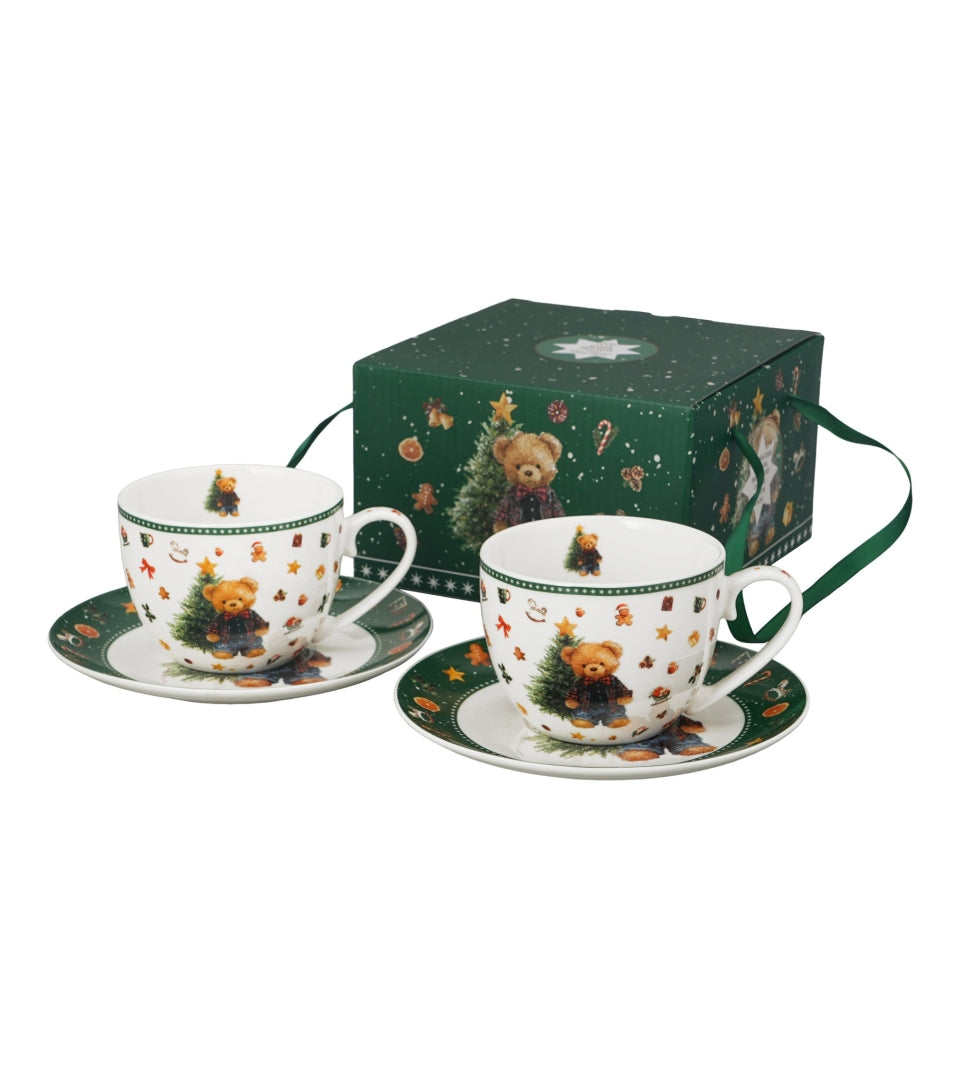 Karácsonyi macis porcelán csésze aljjal, 2 személyes szett 270 ml – Teddy Noel (díszdobozban)