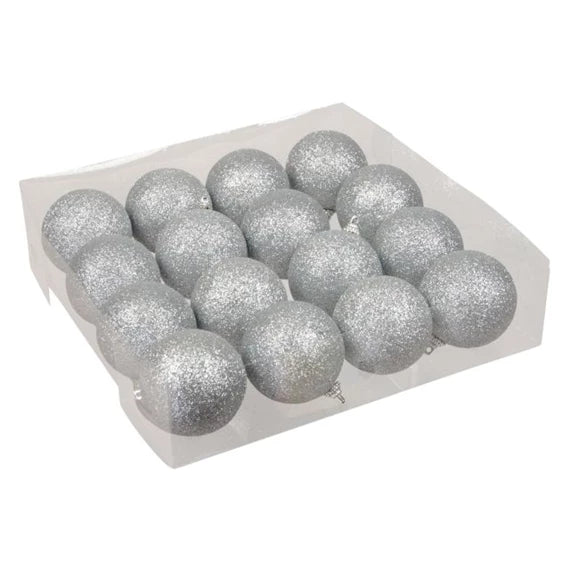 Karácsonyfagömb glitteres, akasztós 6 cm (16 db-os szett) – ezüst, műanyag