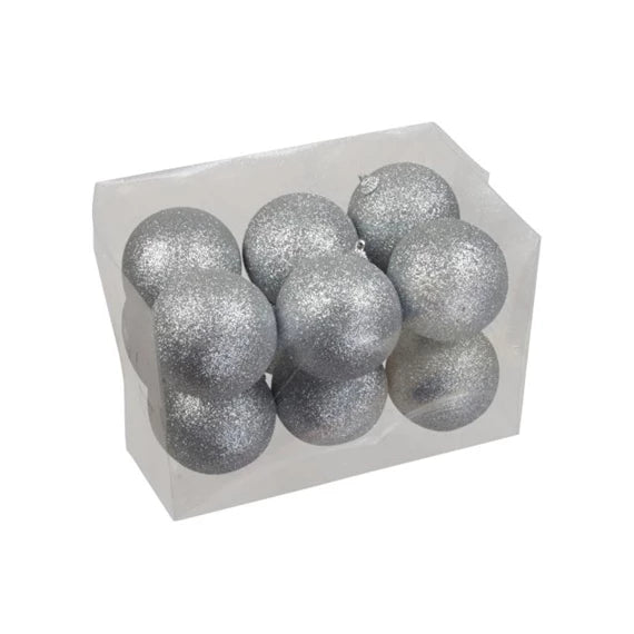 Karácsonyfagömb glitteres, akasztós 8 cm (12 db-os szett) – ezüst, műanyag