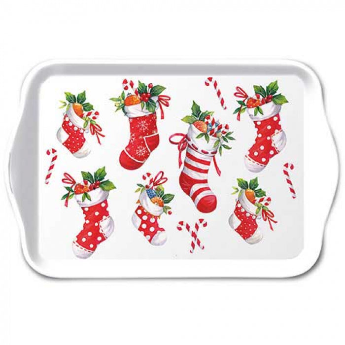 X-mas stockings white karácsonyi műanyag kis tálca 13x21 cm