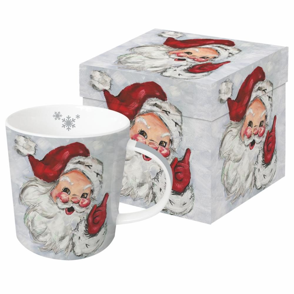 Karácsonyi porcelán bögre díszdobozban Jolly St. Nick vidám télapó arc
