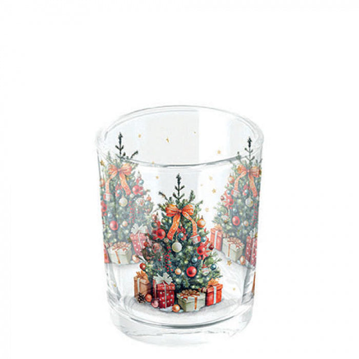 Karácsonyi fenyősfás üveg mécsestartó 5,5x6cm Decorated Christmas tree