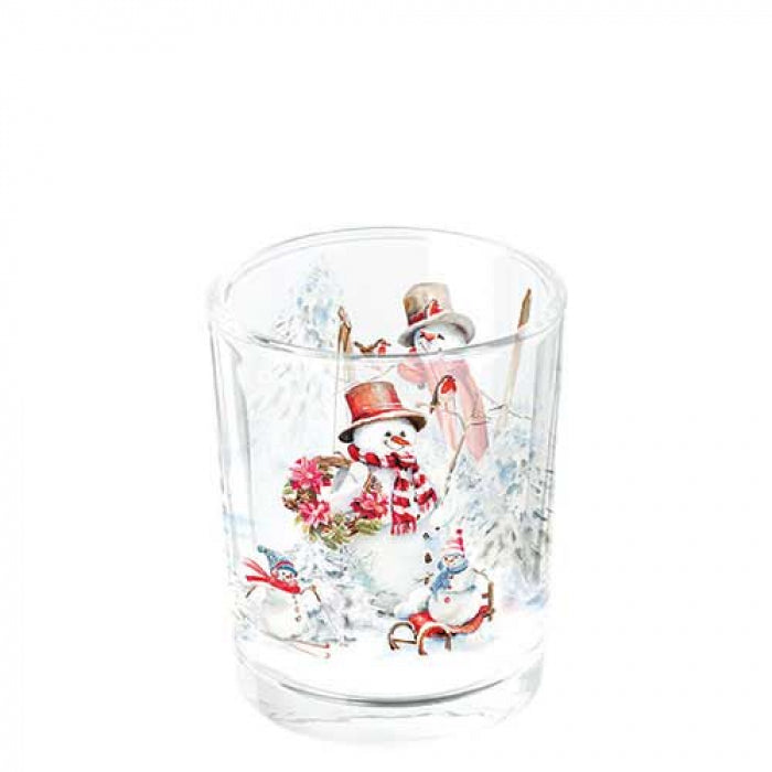 Karácsonyi hóemberes üveg mécsestartó Sporty Snowmen