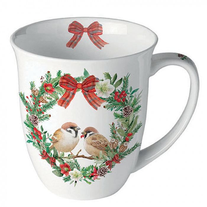 Karácsonyi porcelán bögre 400 ml Sparrows in wreath