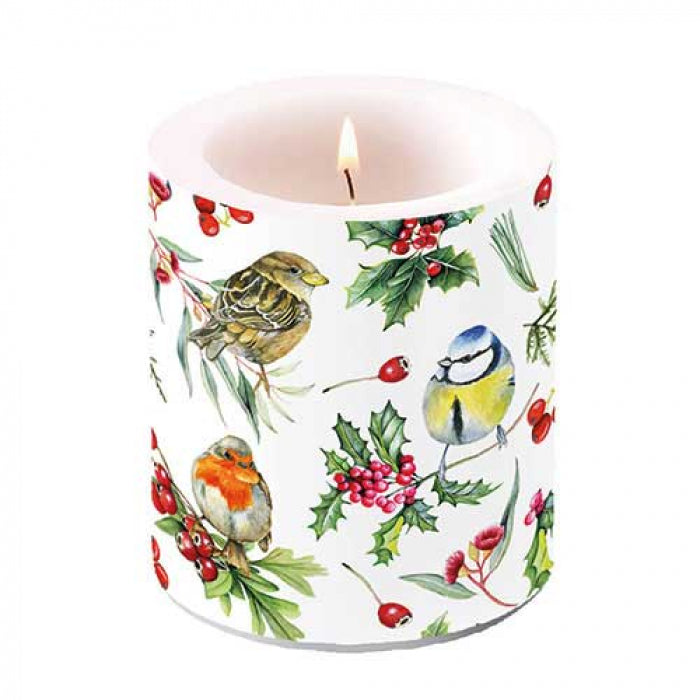 Karácsonyi átvilágítós gyertya 10x10 cm Téli Madárdal