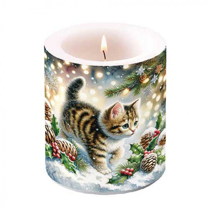 Karácsonyi cicás átvilágítós gyertya 10x10 cm Cute cat in the snow