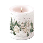 Karácsonyi havas házak mintás gyertya közepes Ø 10x10 cm Snowy Houses