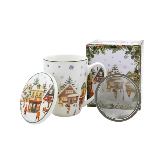 Karácsonyi Porcelán bögre tetővel, fém szűrővel, 360 mldobozban, Christmas Village