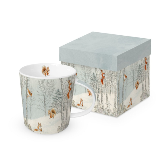 Karácsonyi porcelán bögre díszdobozban mókus havas erdőben