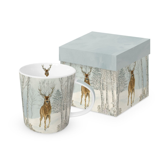 Karácsonyi porcelán bögre díszdobozban szarvas havas erdőben