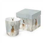 Karácsonyi porcelán bögre díszdobozban szarvas havas erdőben