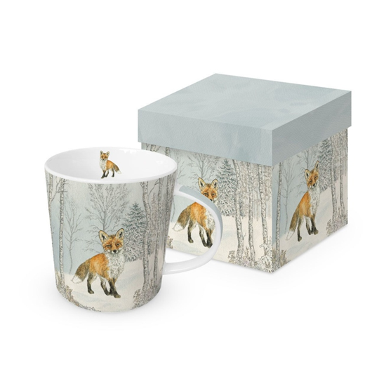 Karácsonyi porcelán bögre díszdobozban róka havas erdőben