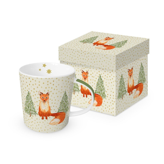 Karácsonyi porcelán bögre díszdobozban róka havazó erdőben