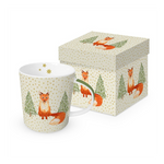 Karácsonyi porcelán bögre díszdobozban róka havazó erdőben