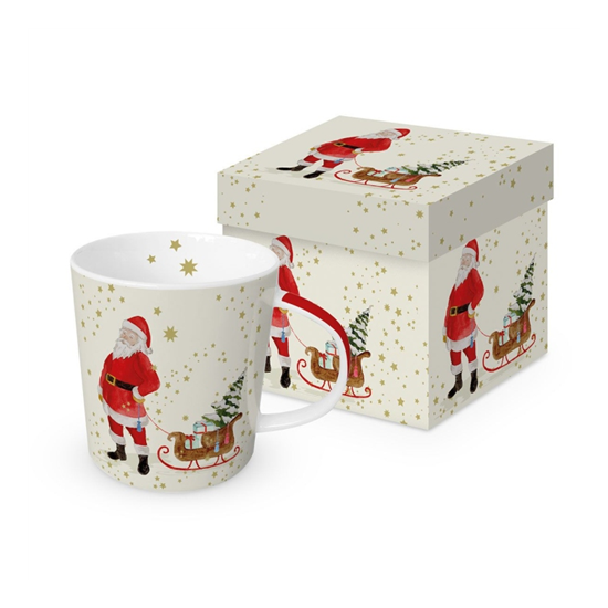 Karácsonyi porcelán bögre díszdobozban télapó szánkóval