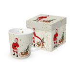 Karácsonyi porcelán bögre díszdobozban télapó szánkóval