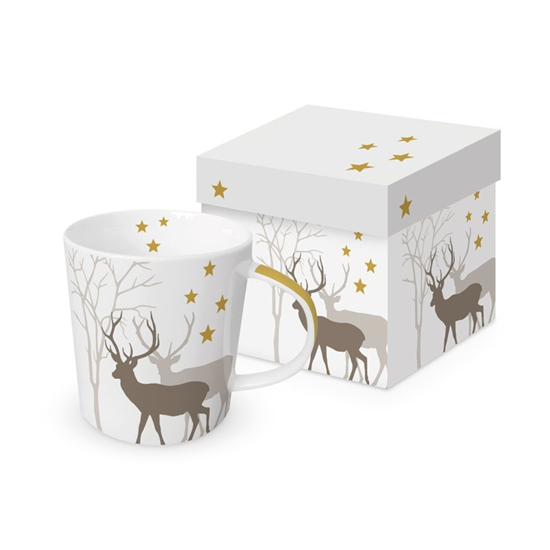 Karácsonyi porcelán bögre díszdobozban szarvas silhouette csillagokkal