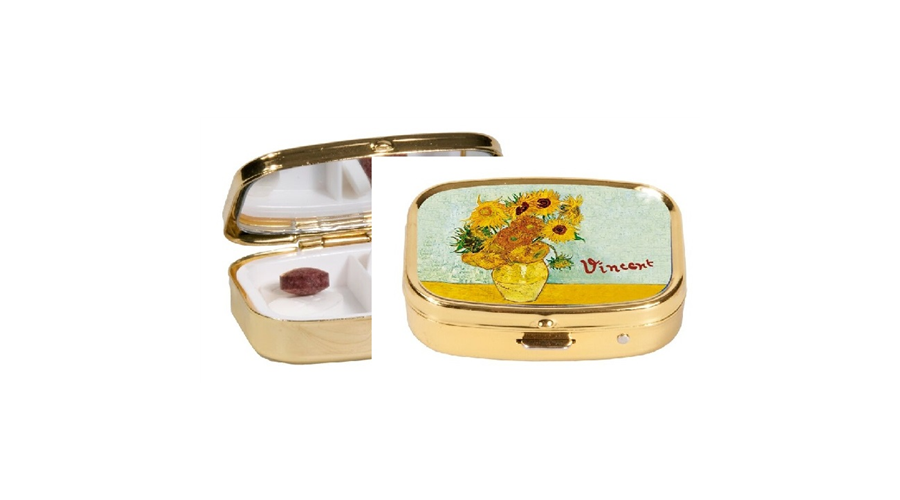 Gyógyszeres fémdoboz 2 fakkos, 5,1x1,8x3,6cm Van Gogh Napraforgók