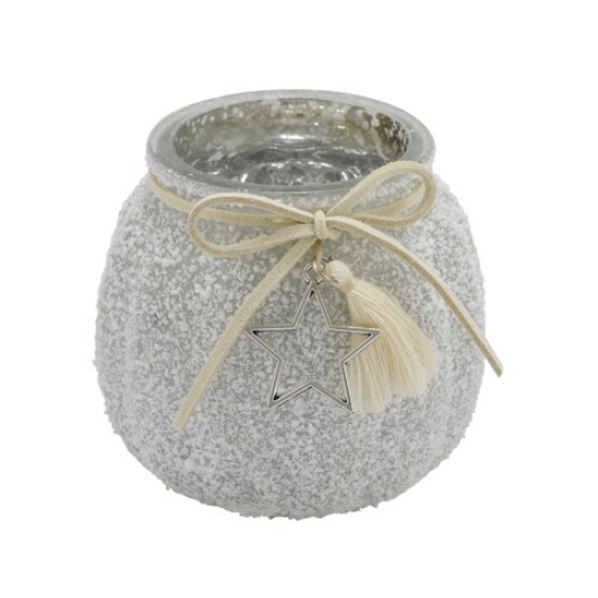 Karácsonyi havas üveg mécsestartó csillag dísszel