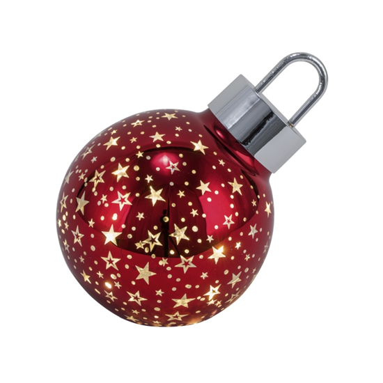 Karácsonyi csillagos piros üveg gömb LED-es átvilágítós 12x12x13,5 cm