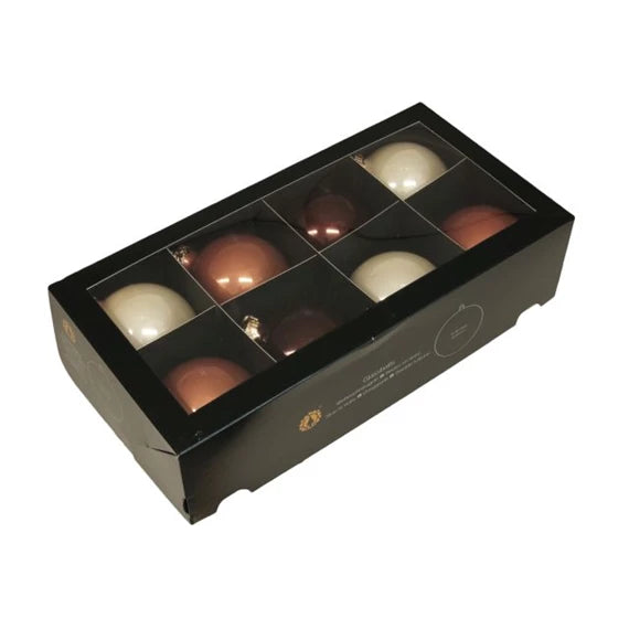 Karácsonyfagömb 8 cm natúr opál (8 db-os szett) – krém, bronz, üveg