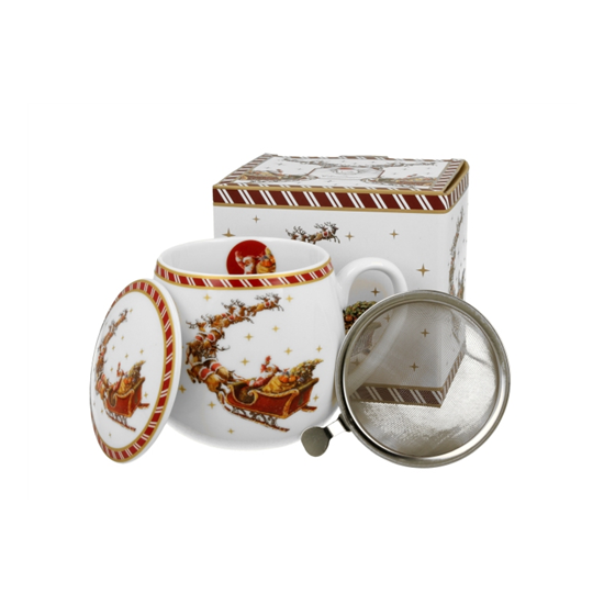 Karácsonyi porcelán bögre tetővel fémszűrővel 430 ml dobozban Santa on Sleigh