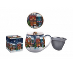 Karácsonyi porcelán bögre tetővel fémszűrővel 430 ml dobozban Christmas City