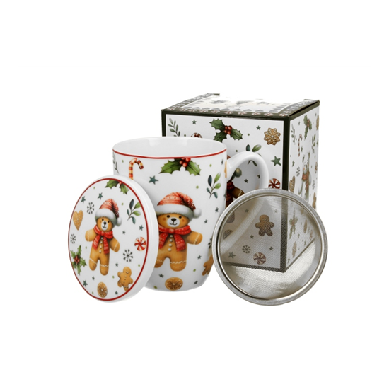 Karácsonyi porcelán mézeskalácsos macis bögre tetővel fém szűrővel 360 ml dobozban Christmas Cuties