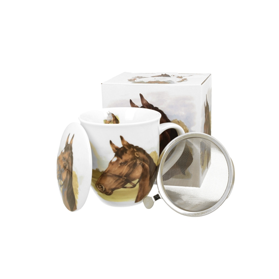 Porcelán lovas bögre tetővel fém szűrővel 400 ml dobozban Horse Portrait