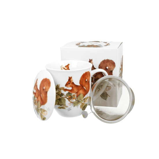 Porcelán mókusos bögre tetővel fém szűrővel 400 ml dobozban Squirrel