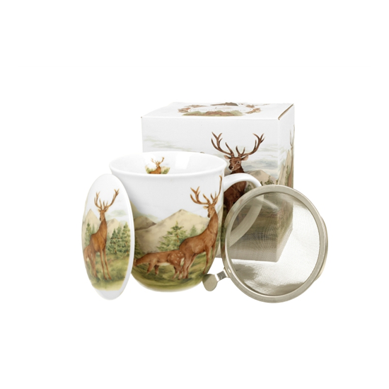 Porcelán szarvas mintás bögre tetővel fémszűrővel 400 ml dobozban Deer
