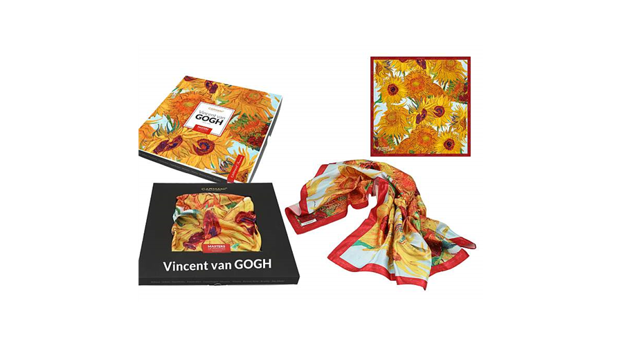 Kendő 90x90cm polysatinVan Gogh Napraforgók (piros szegéllyel)