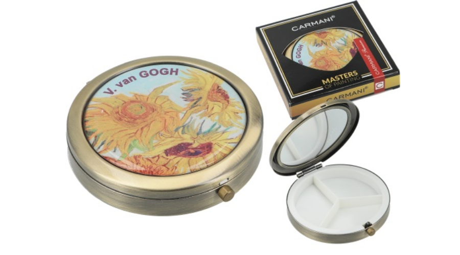 Gyógyszeres fémdoboz 3 fakkos,műanyag belsővel,tükörrel, 7x7x1,5cm Van Gogh Napraforgók