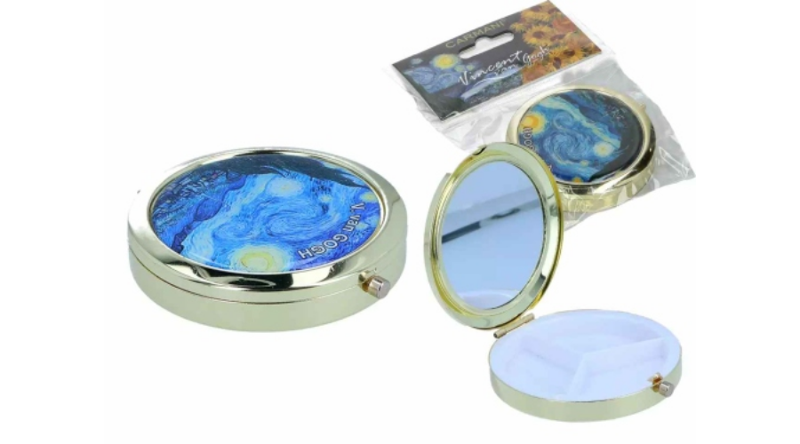 Gyógyszeres fémdoboz 3 fakkos műanyag belsővel,tükörrel 7x7x1,5cm Van Gogh Csillagos éj