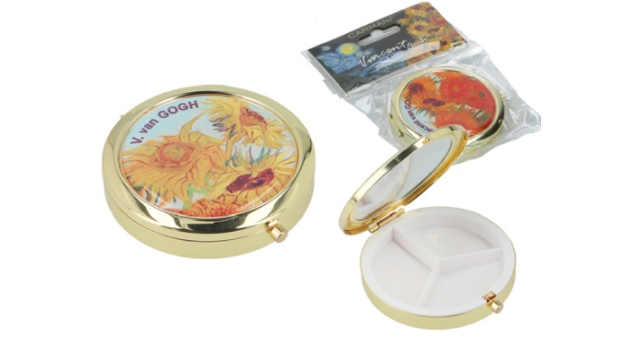 Gyógyszeres fémdoboz 3 fakkos műanyag belsővel,tükörrel 7x7x1,5cm Van Gogh Napraforgók