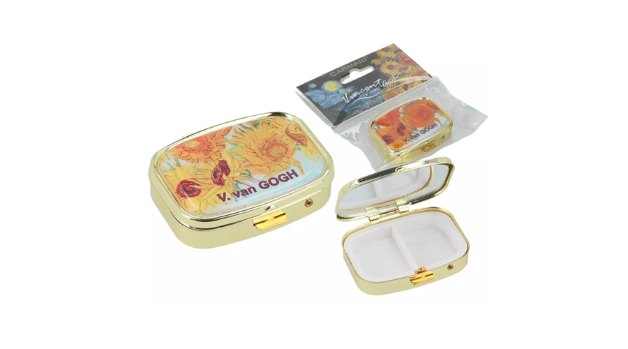 Gyógyszeres fémdoboz osztott műanyag belsővel,tükörrel 5,5x4x1,5cm Van Gogh Napraforgók