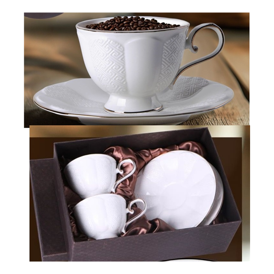 Dubai fehér elegáns porcelán csésze + alj 220 ml 2 személyes díszdobozban Veroni