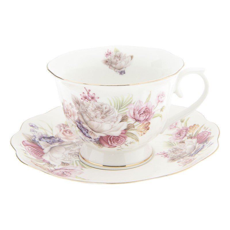 Vintage rózsaszín virágos fehér porcelán csésze Clayre Eef