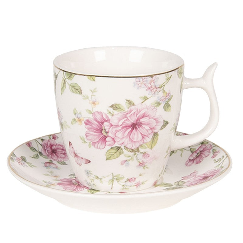 Vintage pillangós virágos fehér porcelán csésze Clayre Eef