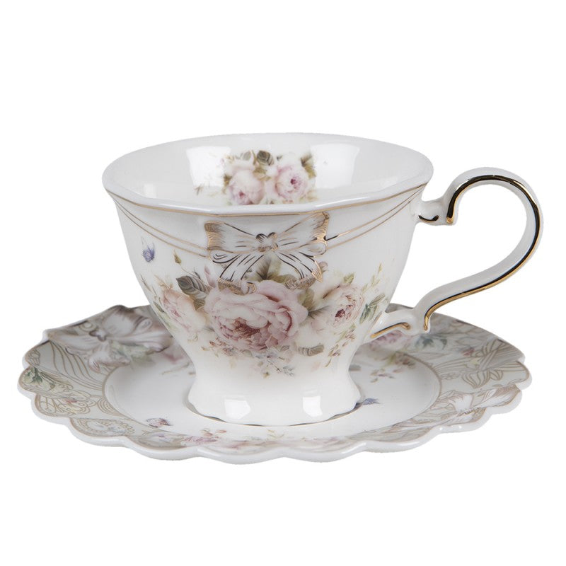 Vintage virágos pillangós masnis fehér porcelán csésze Clayre Eef