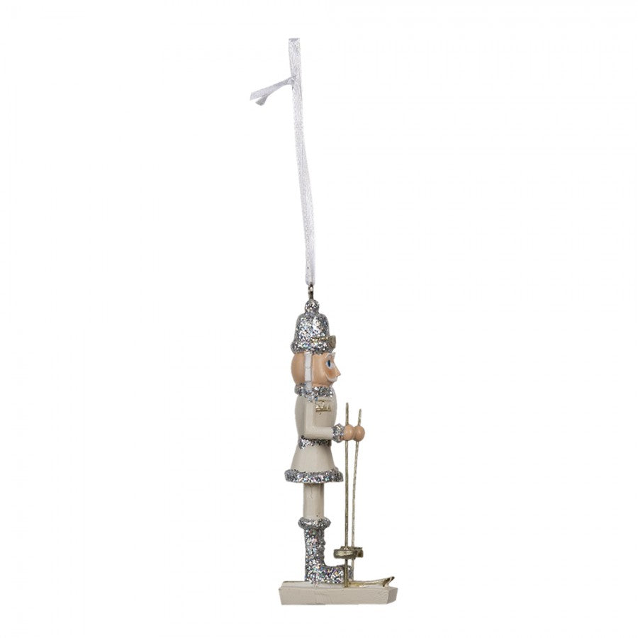 Diótörő karácsonyfadísz fehér ezüst síelő